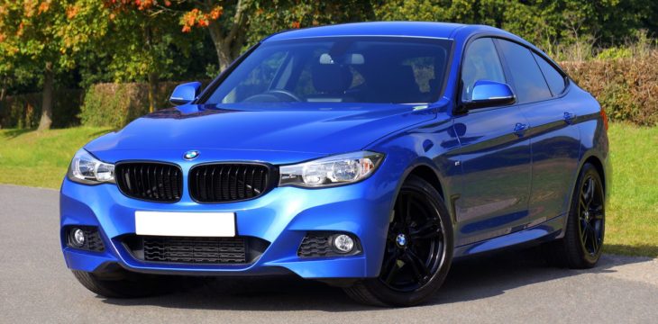 a metallic blue car